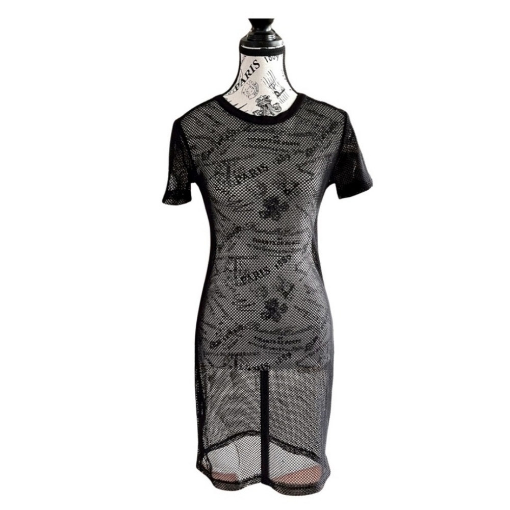 Revamped Black Fishnet Mesh Mini Dress – L | Sheer Goth Clubwear